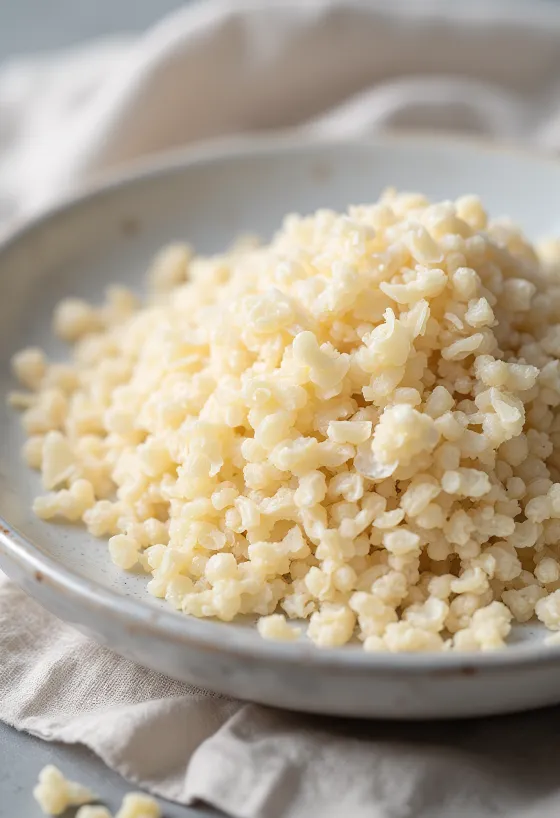 Tumpukan serpihan quinoa mentah berwarna krem