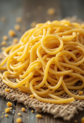 Mie ramen kering yang keriting terhampar di atas meja kayu
