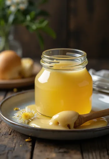 Madu rapeseed bertekstur creamy dalam toples kaca dengan sendok madu