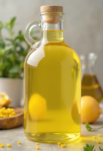 Minyak kanola dalam botol kaca dan mangkuk kecil dengan latar terang