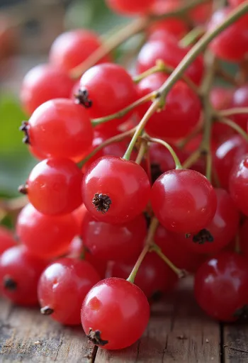 Tandan red currant segar merah di mangkuk dan meja, dengan selai red currant buatan sendiri