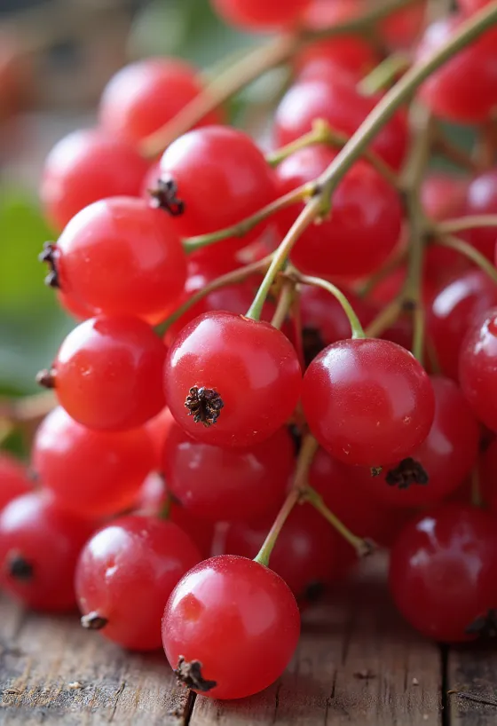 Tandan red currant segar merah di mangkuk dan meja, dengan selai red currant buatan sendiri