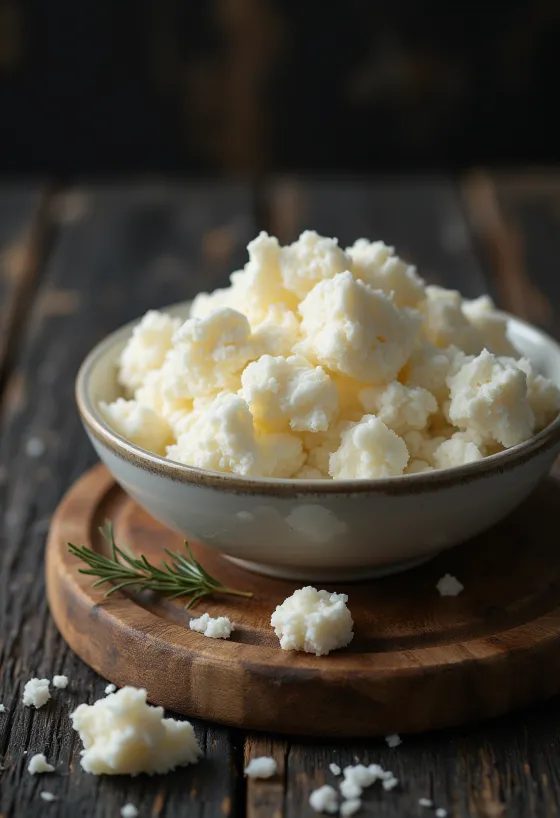 Keju Ricotta segar bertekstur butiran lembut dalam mangkuk putih
