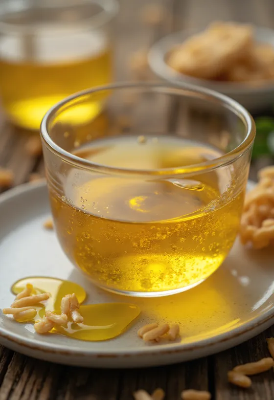 Minyak bekatul dalam botol kaca dengan biji beras dan bekatul di latar alami