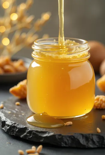 Sirup beras kental berwarna emas dalam toples kaca dengan sendok kayu