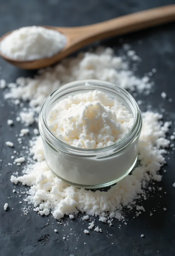 Mangkuk berisi susu beras bubuk putih halus dengan sendok kayu