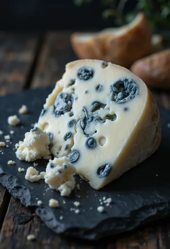 Keju biru Roquefort segar dalam mangkuk keramik putih di meja kayu