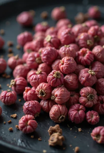 Butiran lada pink (merah muda) utuh dalam mangkuk kayu