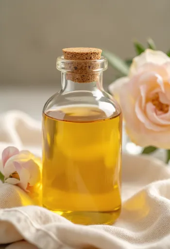 Botol kecil minyak mawar esensial dikelilingi kelopak mawar merah muda