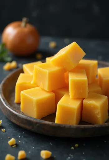 Keju Cheddar Kuning dalam mangkuk keramik putih di atas meja kayu