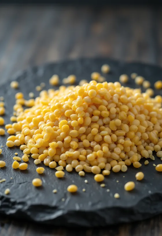 Biji mustard kuning utuh dalam mangkuk keramik dan permukaan kayu