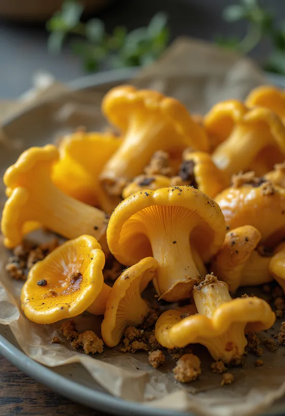 Irisan jamur chanterelle segar dengan rempah, bawang putih, dan minyak zaitun di atas papan kayu