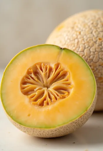 Irisan melon cantaloupe dengan daging oranye dan biji di permukaan kayu