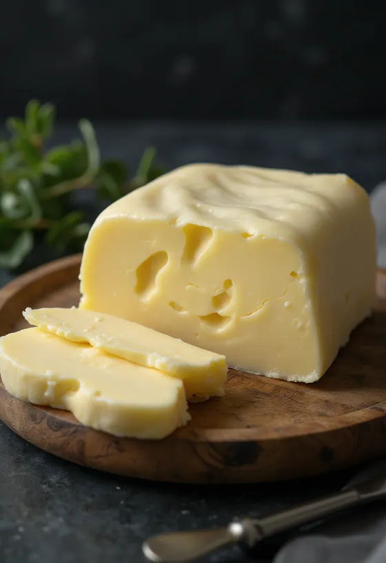 Mentega fermentasi (cultured butter) kuning cerah dalam wadah keramik