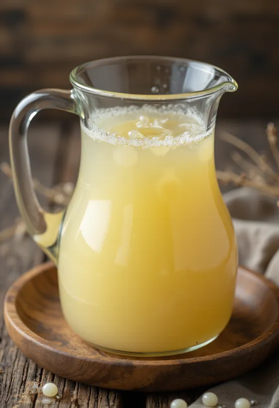 Cairan whey asam keruh dalam mangkuk kaca di dapur rustik