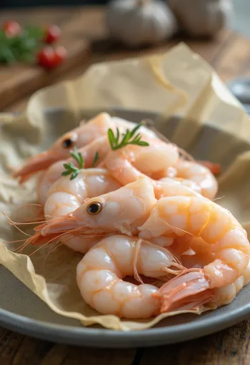 Daging scampi (Lobster Norwegia) segar di atas es dengan lemon dan peterseli
