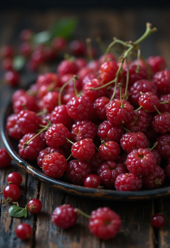 Buah schisandra segar berwarna merah cerah, beberapa terbelah memperlihatkan isinya