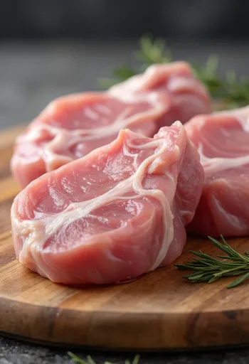 Potongan daging babi segar di atas talenan dengan bumbu rempah