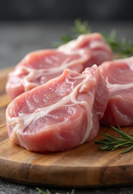 Potongan daging babi segar di atas talenan dengan bumbu rempah