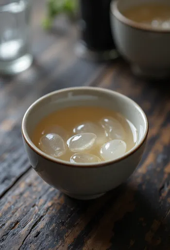 Botol dan gelas sake tradisional, dengan butiran beras dan fermentasi koji