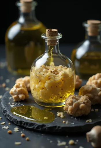 Minyak truffle dalam botol kaca kecil dengan irisan truffle dan sajian