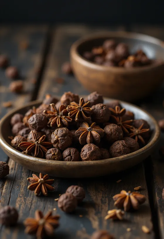Biji allspice utuh dalam mangkuk kayu di atas permukaan rustik