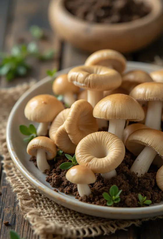 Irisan jamur Fairy Ring dengan rempah segar dan bawang putih di atas papan kayu