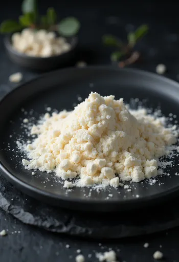 Tepung biji carob dalam mangkuk keramik dan sendok, dengan biji kering