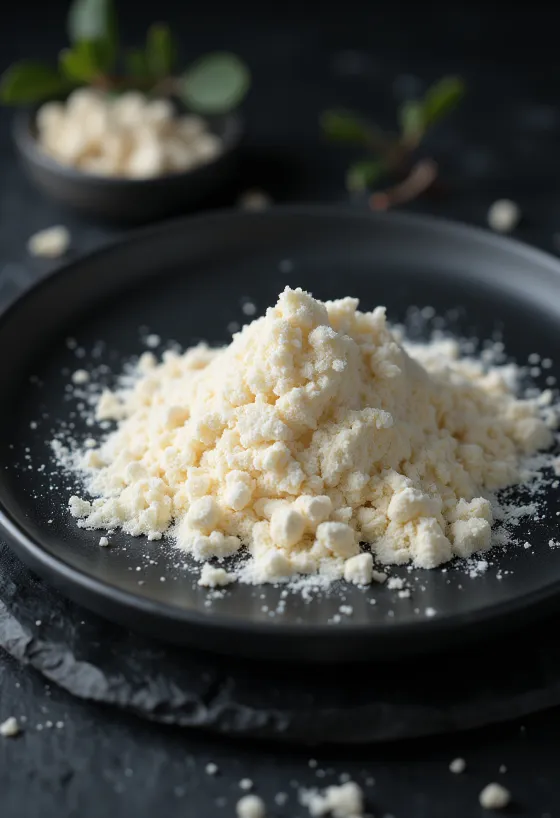 Tepung biji carob dalam mangkuk keramik dan sendok, dengan biji kering