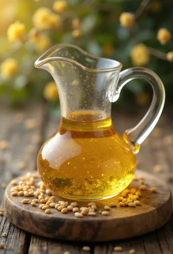Minyak wijen dalam botol kecil, di sebelahnya biji wijen dalam mangkuk