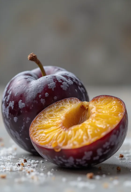 Buah plum ungu segar dibelah dan utuh, dengan selai rumahan di meja rustik