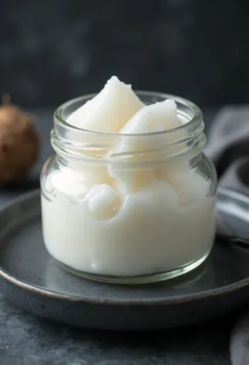 Minyak kelapa murni (VCO) cair bening dan padat putih dalam toples