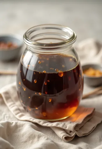 Saus tamari dalam mangkuk keramik, dikelilingi kedelai fermentasi dan garam laut di permukaan kayu rustik