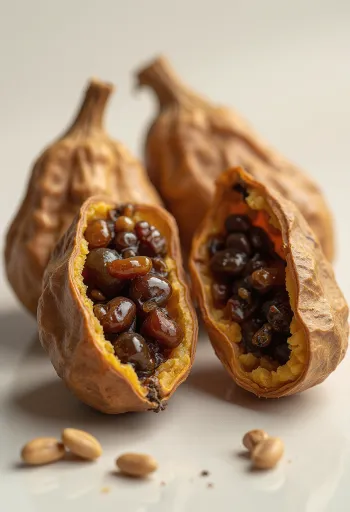 Buah asam jawa utuh dan terbuka dengan kulit cokelat, daging dalam, dan biji hitam