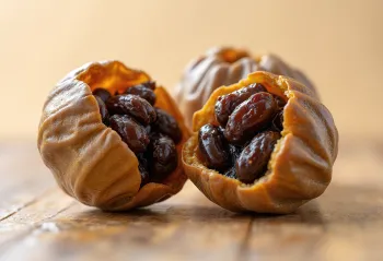 Buah asam jawa utuh dan terbuka dengan kulit cokelat, daging dalam, dan biji hitam