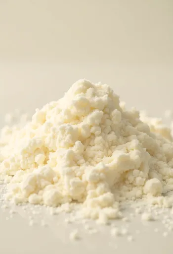 Susu bubuk di mangkuk rustik dengan sendok kayu dan bubuk tersebar di permukaan kayu