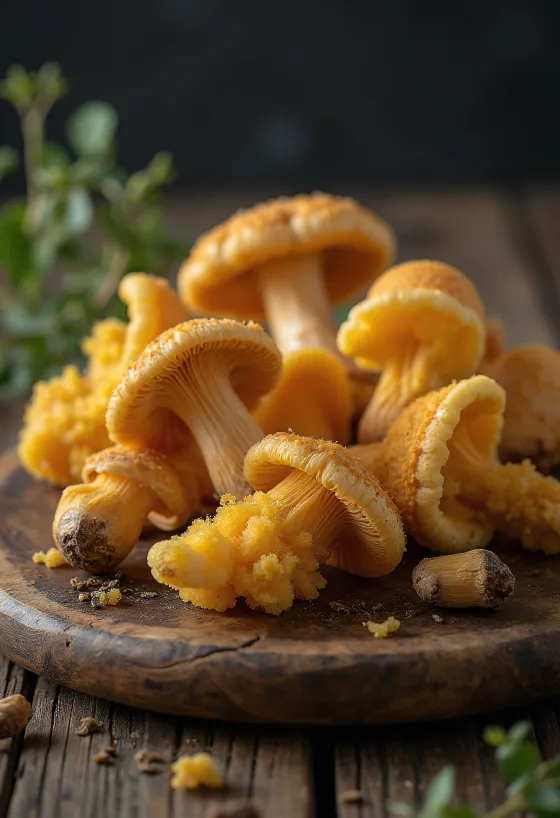 Jamur enoki liar yang sudah dibersihkan dan diiris di atas talenan kayu