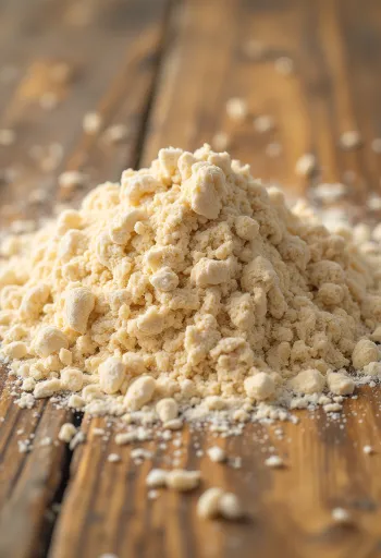 Tepung gandum utuh di mangkuk rustik, tersebar di permukaan kayu