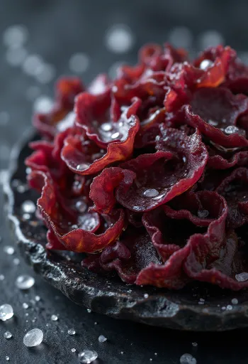 Lembaran rumput laut dulse kering berwarna merah keunguan