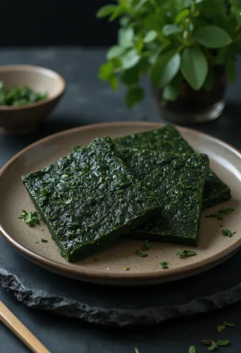 Lembaran nori sushi yang hijau gelap dan renyah