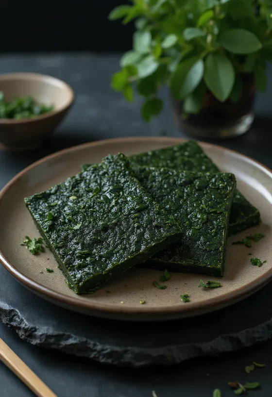 Lembaran nori sushi yang hijau gelap dan renyah