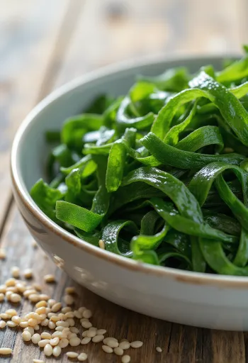 Rumput laut wakame kering yang mekar menjadi hijau