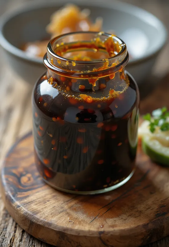 Saus teriyaki cokelat tua mengkilap dalam mangkuk keramik, di sebelahnya kecap asin, mirin, sake, dan gula merah