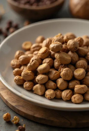 Kacang macan kupas dalam mangkuk rustik di meja dapur