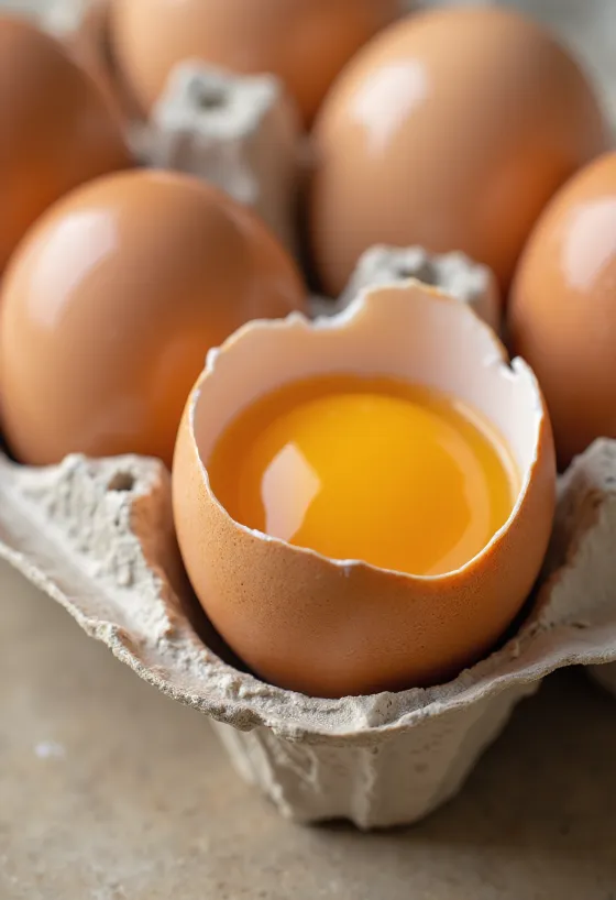 Kuning telur dan putih telur mentah yang sudah dipecahkan di atas talenan kayu