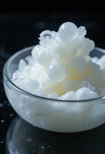 Putih telur mentah dalam mangkuk kaca di atas permukaan kayu, tanpa kuning telur