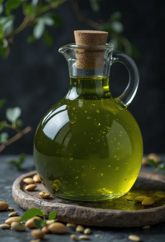 Minyak biji labu hijau gelap dalam mangkuk kecil dengan biji labu utuh