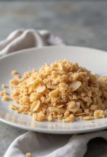 Bekatul spelt dalam mangkuk keramik dan tersebar di meja dapur kayu