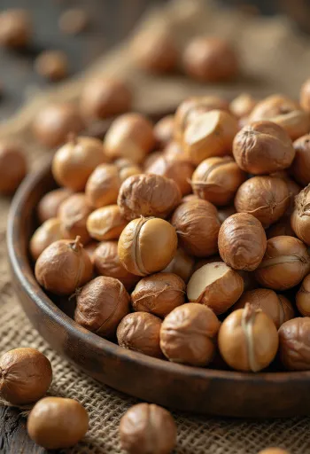 Kacang hazelnut kupas Turki ditumpuk dengan latar belakang putih