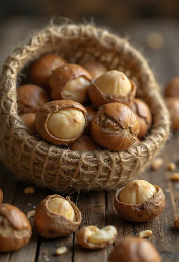 Kacang hazel kupas dalam mangkuk keramik di atas meja kayu